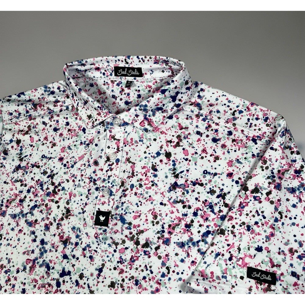 Bad Birdie Mens XL Golf Polo Shirt Paint Splatter Pink Blue White Short Sleeve